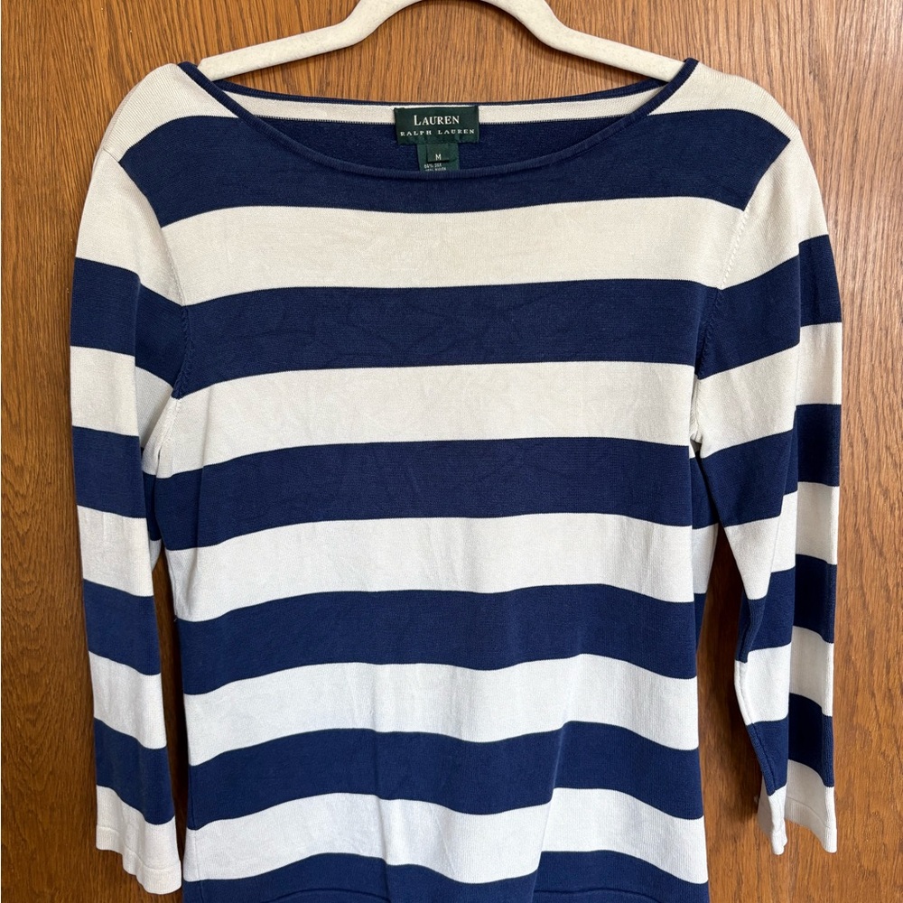 Ralph Lauren Navy Blue & Cream Striped Silk Quarter Sleeve